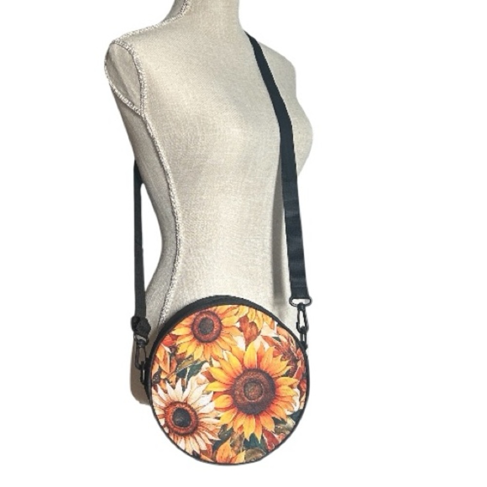 Sunflower Round Canteen Style Crossbody Bag Backpack Black Yellow Orange New